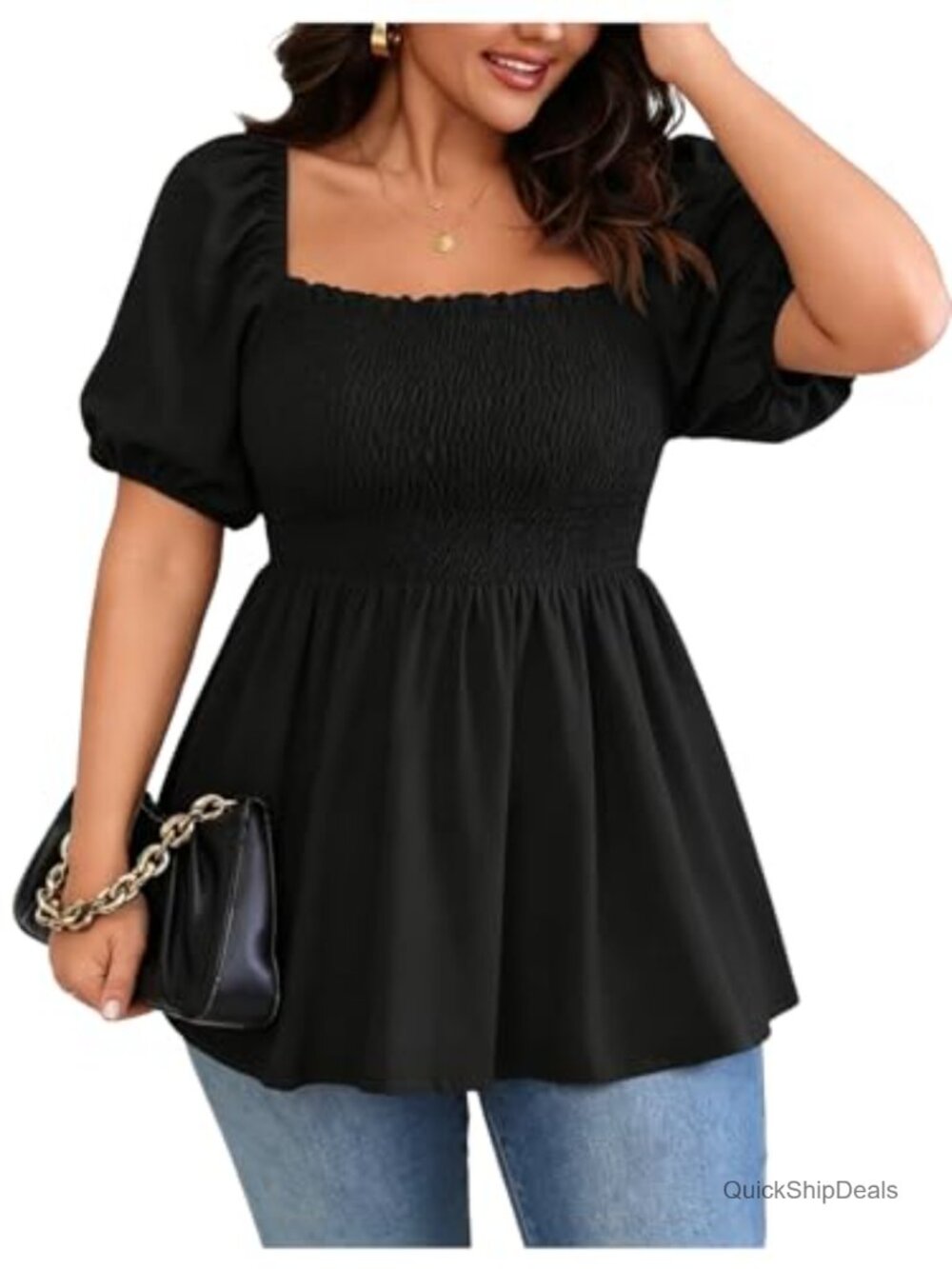 Plus Size Square Neck Peplum Blouse Short Sleeve Smocked Babydoll Top